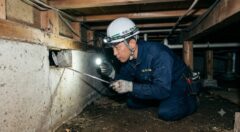 直方市の一戸建て住宅で、床下の基礎と木部の隙間を懐中電灯と調査ミラーを使って入念に点検する、ヘルメットと作業服姿の日本人ネズミ駆除専門スタッフ。