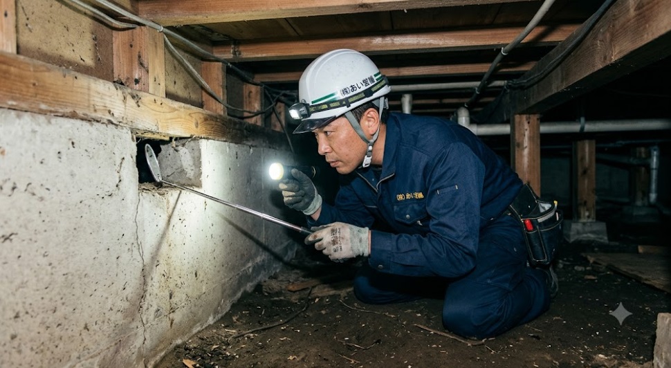 直方市の一戸建て住宅で、床下の基礎と木部の隙間を懐中電灯と調査ミラーを使って入念に点検する、ヘルメットと作業服姿の日本人ネズミ駆除専門スタッフ。