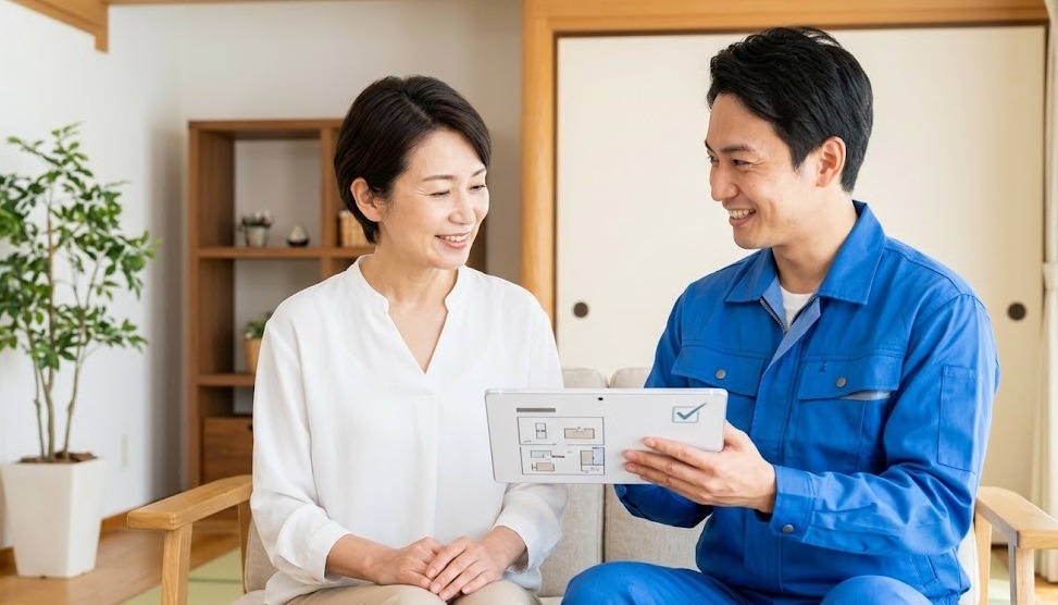 明るい室内で、笑顔の日本人男性スタッフが、家の持ち主である日本人女性（私服）にタブレットを使い、定期点検の結果と保証について説明している。