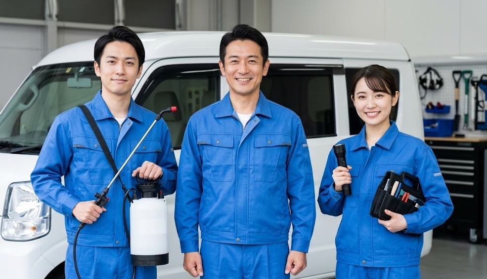 専門的な機材（薬剤噴霧器、調査道具）を持った、信頼感のある笑顔の日本人スタッフチームが、カメラ（読者）に向かって立っている。