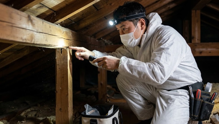大野城市の住宅の天井裏で、ネズミの侵入口を点検する防護服姿の日本人専門スタッフ。