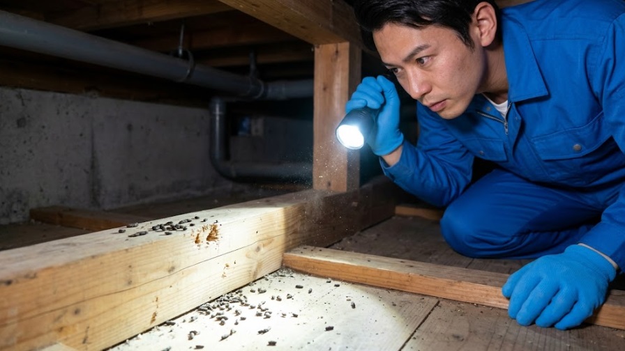 大野城市の住宅の床下で、ライトを照らしネズミの形跡（フンや齧り跡）を調査する日本人スタッフ。
