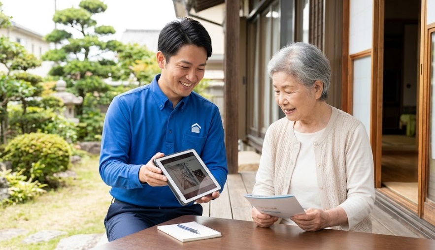 大野城市の住宅の玄関先で、高齢の日本人女性にタブレットを使いネズミ駆除の説明をする、笑顔の日本人男性スタッフ。