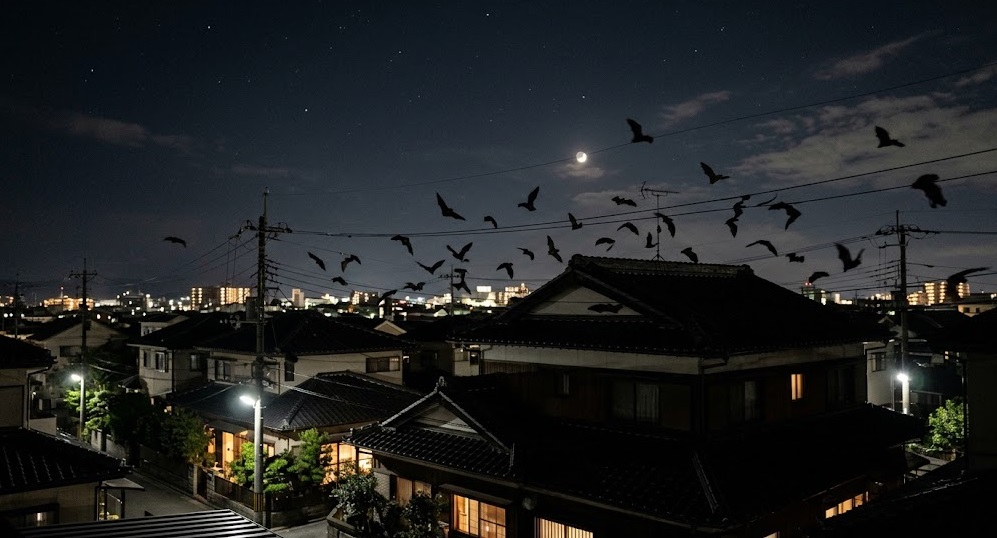 夜、佐賀市の住宅の屋根付近を飛び回るコウモリのシルエット