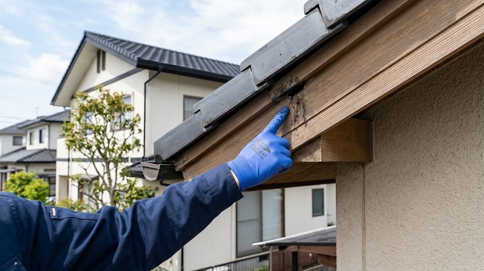 佐賀市の住宅で、屋根と外壁の間にできたわずかなコウモリの侵入経路を指差す駆除業者の手元