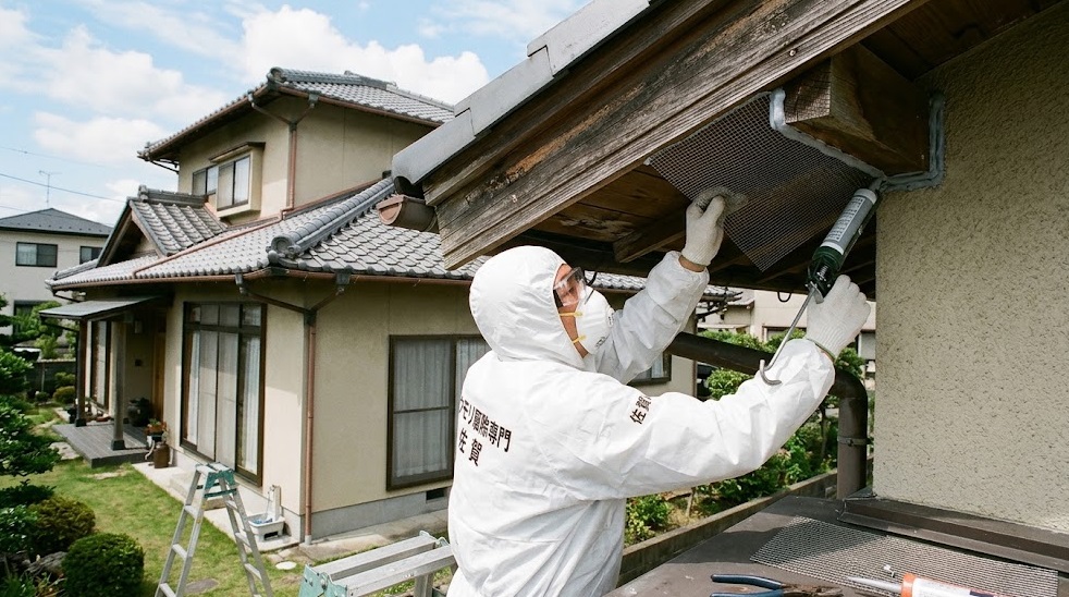 佐賀市の住宅で、防護服を着た専門業者がコウモリの侵入経路(軒下の隙間)を金網とコーキング剤で完全に封鎖する作業