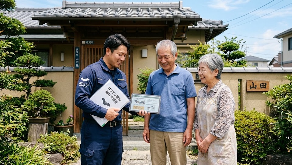 佐賀市のご自宅前で、コウモリ駆除業者のスタッフ(日本人)から、無料で見積もりの説明を熱心に聞く日本人の住人夫妻。安心した表情を見せている。