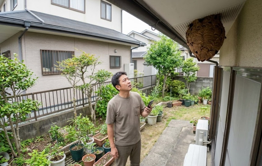 戸畑区の私有地の住宅の軒下にできたスズメバチの大きな巣を、困惑して見つめる住人の男性。