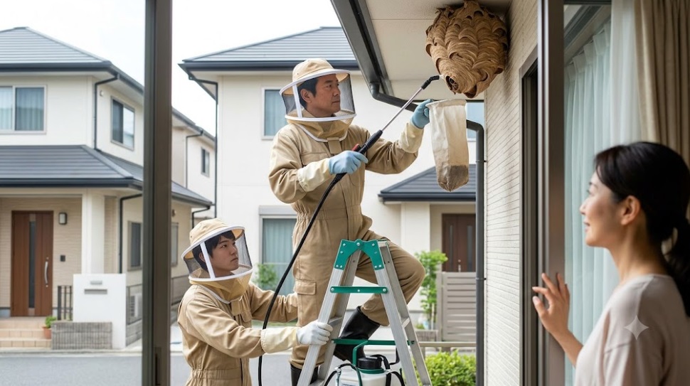 戸畑区の住宅で、あい営繕の専門スタッフがスズメバチの巣を安全に駆除し、住人に安心感を与える様子。