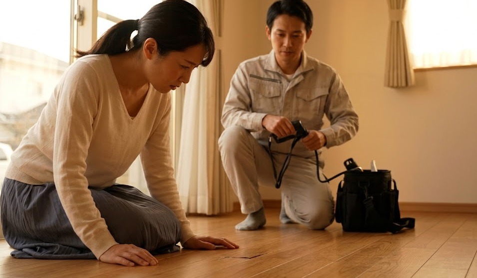 筑紫野市の自宅で床のギシギシ鳴る音を不安そうに確認する日本人女性と、背後で床下調査の準備をする誠実なシロアリ防除施工士。E-E-A-T向上のための、不安の共感と専門家による解決のイメージ。