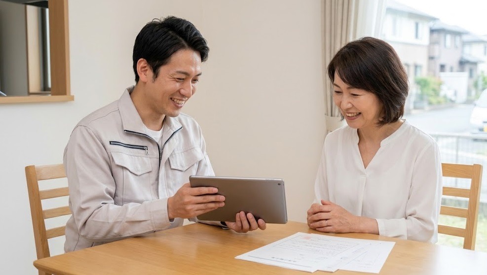 筑紫野市の住宅で、誠実な笑顔の日本人男性スタッフ（あい営繕のしろあり防除施工士）が、タブレット端末を使って床下の施工写真を日本人女性のお客様に丁寧に説明している。お客様は安心した表情。地元の信頼と誠実な対応をイメージさせる、E-E-A-T向上のための画像。