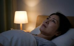 夜中に天井を見上げて不安そうな表情を浮かべる、布団の中の日本人女性（超音波ネズミ駆除を検討中のシーン）