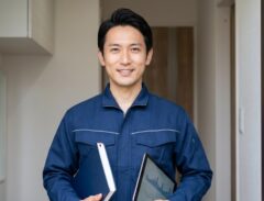 笑顔で説明する、制服姿の日本人ネズミ駆除プロフェッショナル（「あい営繕」をイメージした信頼感のあるサービス）