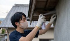 宇佐市の住宅で、夕方にマスクと手袋を着用した日本人男性が、軒先の隙間にコウモリ専用の忌避スプレーを噴射して追い出し対策を行っている様子。