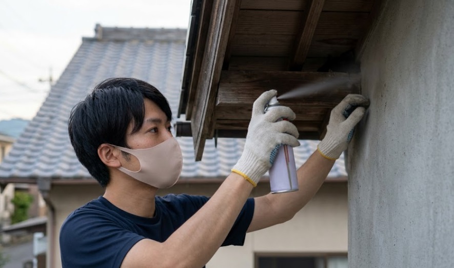 宇佐市の住宅で、夕方にマスクと手袋を着用した日本人男性が、軒先の隙間にコウモリ専用の忌避スプレーを噴射して追い出し対策を行っている様子。
