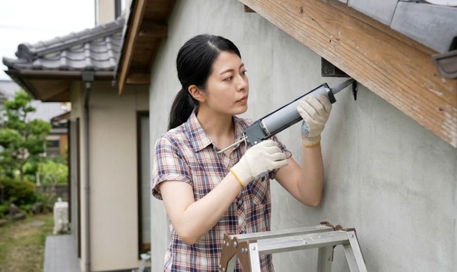宇佐市の住宅で、日本人女性が脚立に乗り、コーキングガンを使って軒先と壁の間の小さな隙間をシーリング材で塞ぎ、コウモリの侵入口を封鎖している様子。