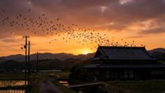宮若市ののどかな夕景と、住宅の屋根から飛び立つコウモリのシルエット。地域性とコウモリの問題を視覚的に表現。
