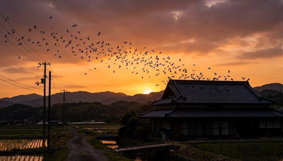 宮若市ののどかな夕景と、住宅の屋根から飛び立つコウモリのシルエット。地域性とコウモリの問題を視覚的に表現。