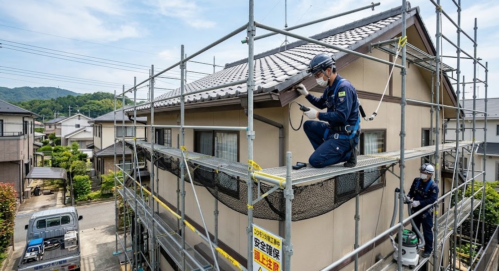 宮若市の一戸建てで、足場を組み高所作業を行う日本人のコウモリ駆除専門スタッフ。安全対策と専門技術を視覚化。