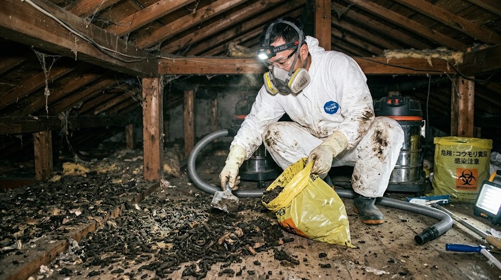 汚れた屋根裏で、防護服と専用マスクを着用し、大量のコウモリの糞を清掃する専門スタッフ。自力駆除の危険性と衛生リスクを強調。