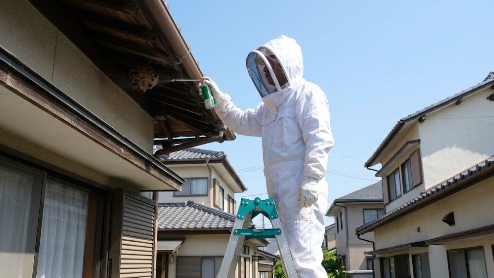 八幡西区の住宅でプロ仕様の防護服を着て、ハチの巣駆除後に忌避剤を散布するあい営繕の作業員