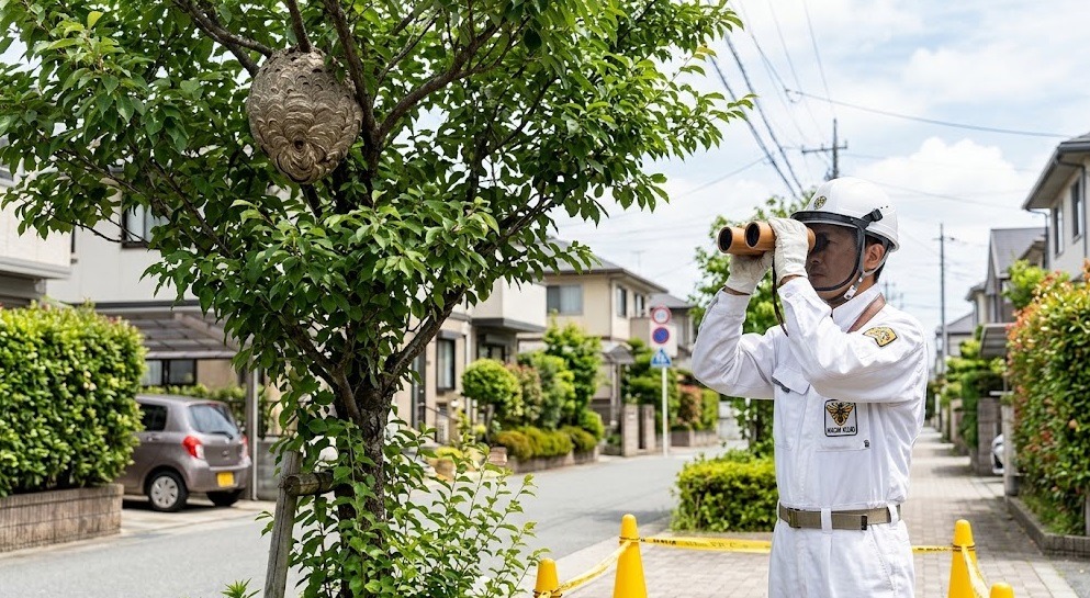 白い防護服を着たハチ駆除専門家が、福岡市南区の住宅地で、木の上のスズメバチのマーブル模様の巣を安全な距離から双眼鏡で慎重に調査している様子。