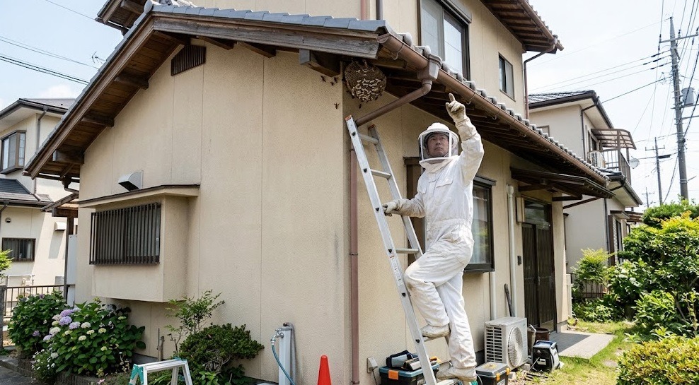 日本の戸建て住宅の軒下に立てかけられたはしごに登り、防護服を着た業者がアシナガバチの巣の位置を指差して確認している。