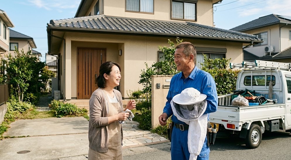 ハチ駆除作業を終え、防護服の上着を脱いだ「あい営繕」の日本人ベテラン作業員が、笑顔で安堵した表情の住人女性と話している。背景には社名（ロゴのみ）の入ったトラックと、安全が取り戻された家。