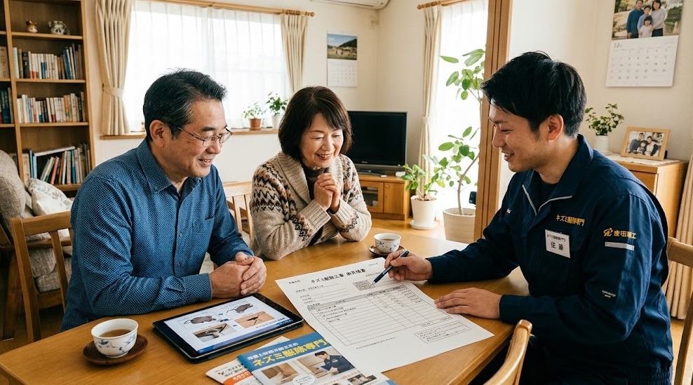 ネズミ駆除業者から詳細な見積もり説明を受け、適正価格を理解し安心する日本人のご夫婦。