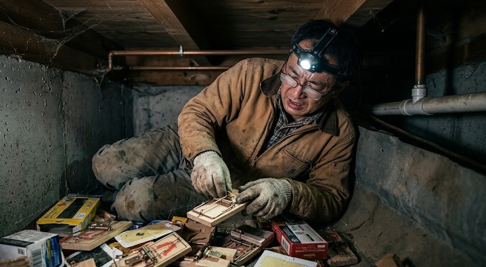 薄暗い床下で、自分自身でネズミ罠を設置しようと苦戦する日本人男性。素人対策の限界を感じさせる。