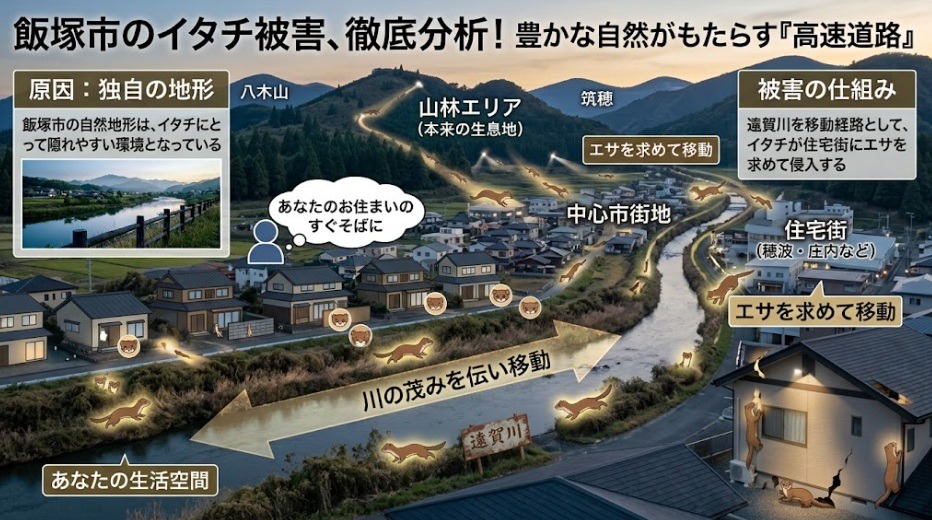 飯塚市の徹底分析。豊かな自然が生み出すイタチの「高速道路」