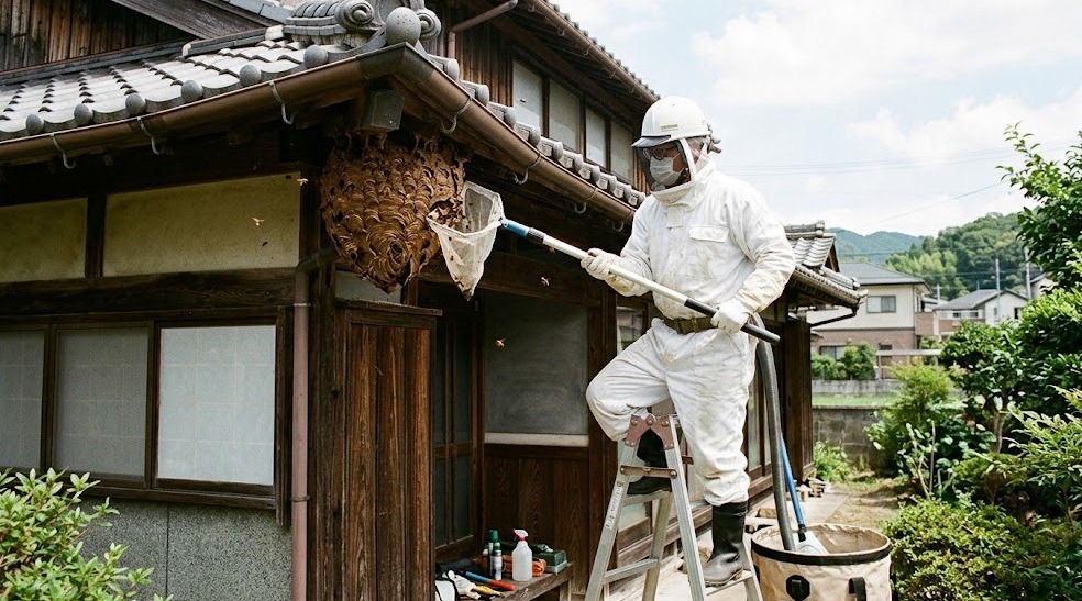 福岡県飯塚市の住宅軒下で、防護服を着用し専用器具を使用して巨大なスズメバチの巣を安全に駆除する日本人専門家。