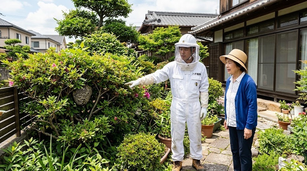 福岡県飯塚市の住宅庭先で、防護服を着たハチ駆除専門家が日本人の住人女性に、植栽に隠れたアシナガバチの巣の状況を説明している様子。