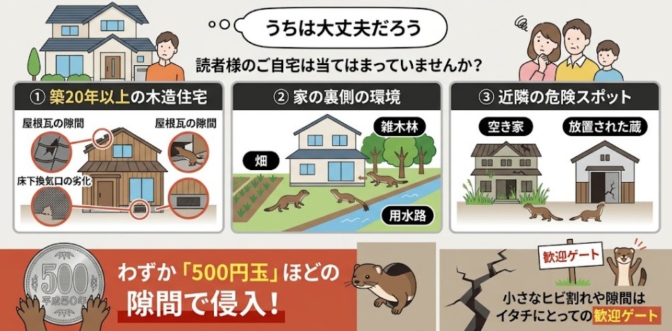 イタチ被害に遭いやすい家・環境の構造的特徴