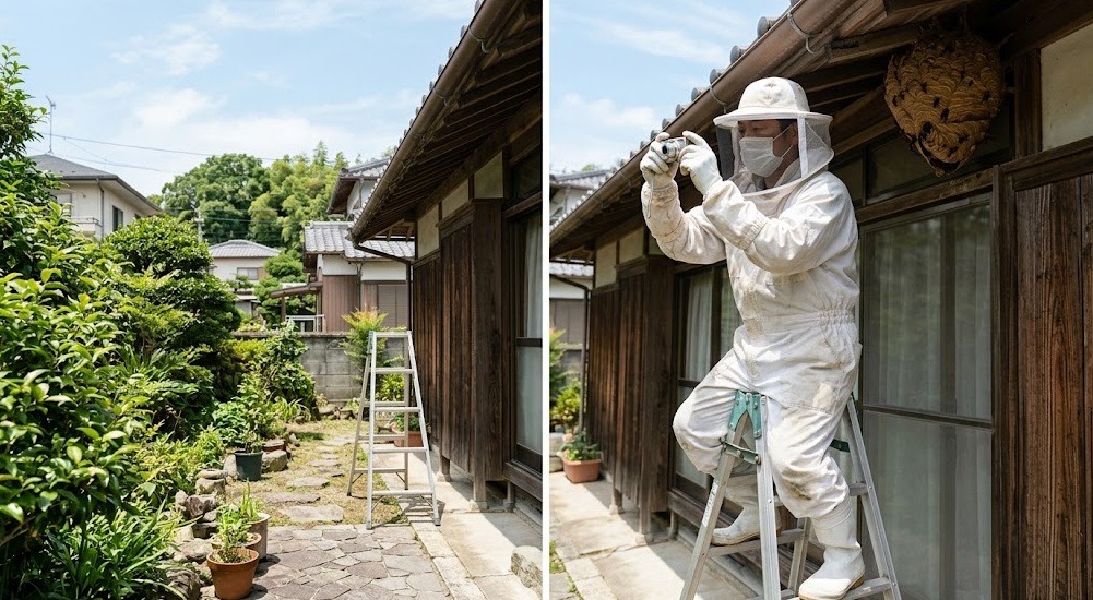 福岡県飯塚市で、防護服を着たハチ駆除業者が、巣の駆除作業を開始する前に、市の補助金申請用としてデジカメで巣の様子を撮影している現場写真。