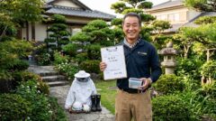 福岡県飯塚市の住宅庭園で、ハチ駆除を無事に完了し、誠実な笑顔で完了報告の書類を持つ防護服を脱いだ日本人専門家。