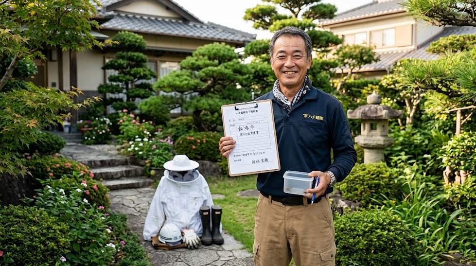 福岡県飯塚市の住宅庭園で、ハチ駆除を無事に完了し、誠実な笑顔で完了報告の書類を持つ防護服を脱いだ日本人専門家。