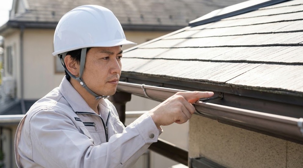 福岡市内の住宅で、軒先を指さしてコウモリの侵入口を確認する日本人の害獣駆除専門家。