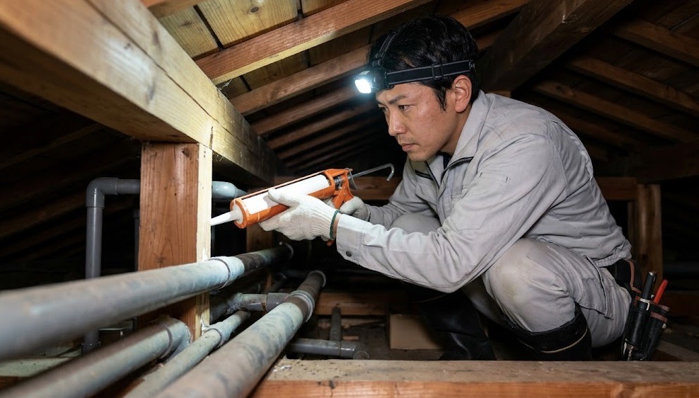 高い天井裏の隙間をヘッドライトとコーキングガンを使い、専門的な技術で完全に封鎖する熟練の害獣駆除作業員。