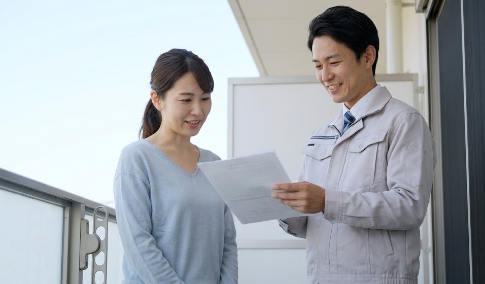 コウモリ駆除作業を終え、清掃されたベランダで日本人の主婦に笑顔で作業報告をする害獣駆除業者。