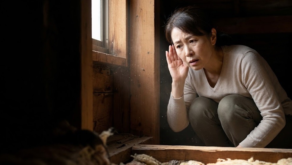 日本の住宅の屋根裏で、不安そうな表情で壁の近くの物音を聞こうとするアジア人（日本人）の女性。ネズミの気配を暗示する様子。
