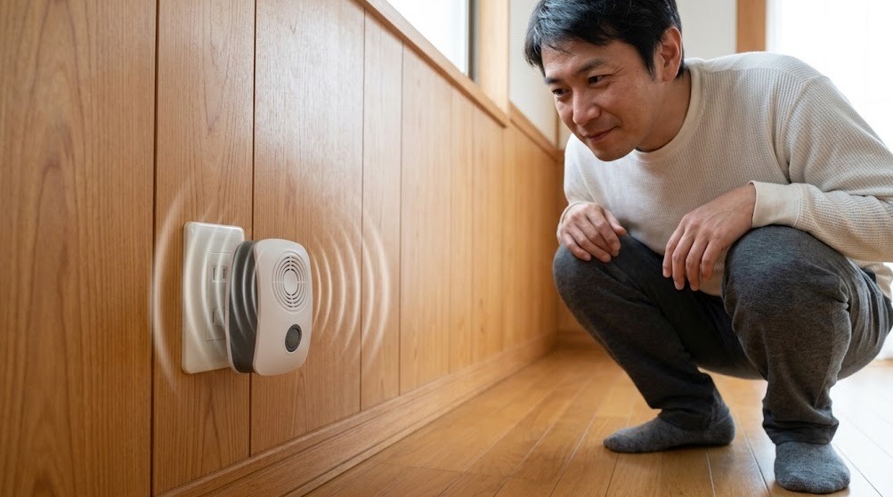 日本の住宅のコンセントに差し込まれたコンセント式の超音波ネズミ忌避器。機器から音波（暗示）が出ており、その様子を見守る日本人男性。