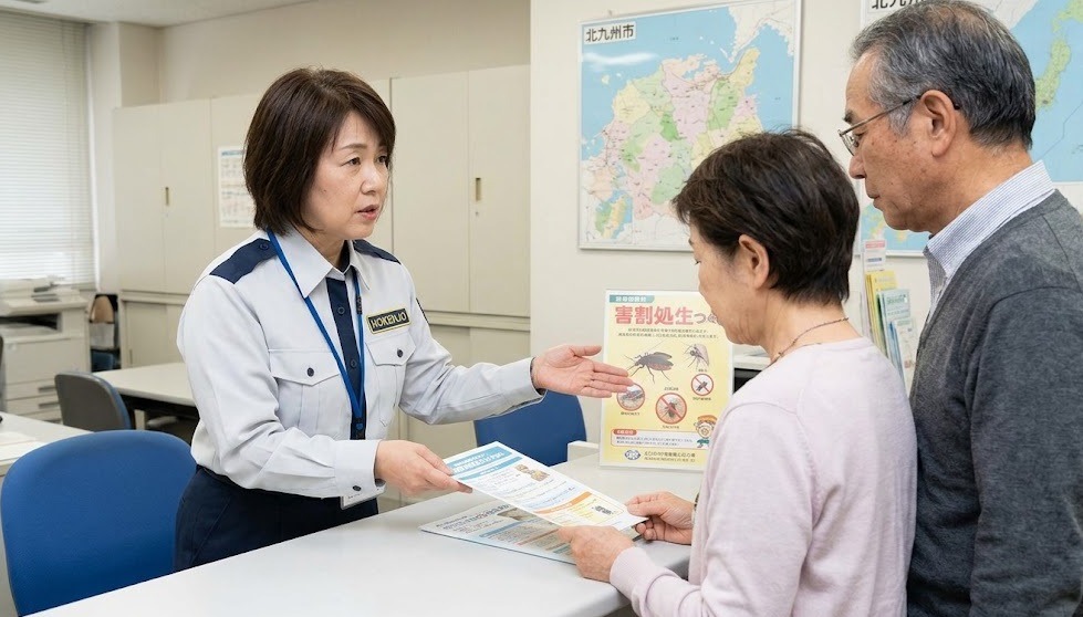 北九州市の保健所窓口で、衛生害虫対策について職員に相談する市民の様子