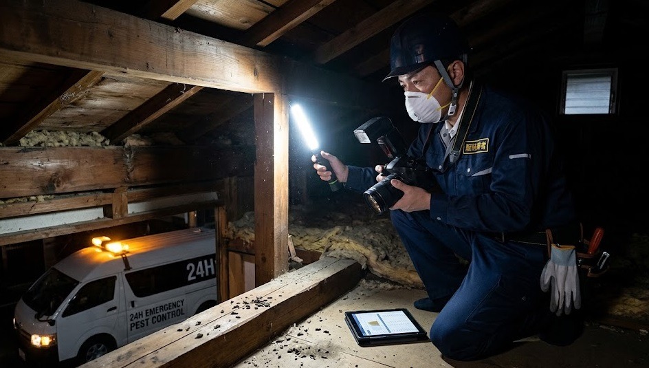 深夜に天井裏の調査を即日対応で行う、ライトを照らしたプロの駆除業者