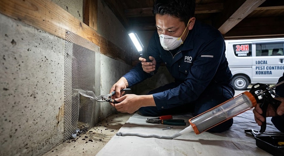 建物の隙間を、特殊なネットと薬剤を用いて完全に封鎖する防鼠工事の様子