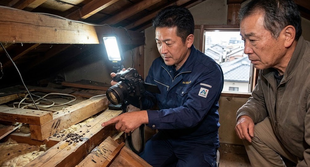 小倉北区の住宅にて、屋根裏の被害状況をデジタルカメラで撮影し、施主に確認してもらう地元密着業者