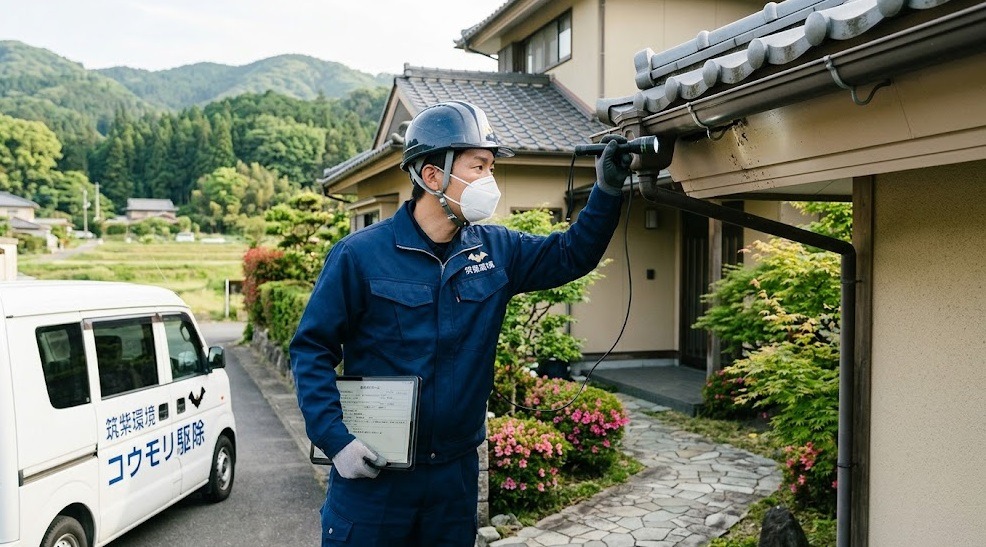 筑紫郡エリアの戸建て住宅にコウモリ駆除の現地調査に訪れた、信頼できる専門業者のスタッフ。