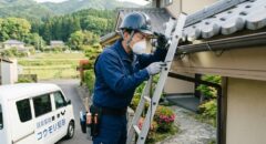 筑紫郡の住宅にて、梯子を使って軒下や屋根の隙間を詳細に点検する、ヘルメットを着用したコウモリ駆除の専門技術者。