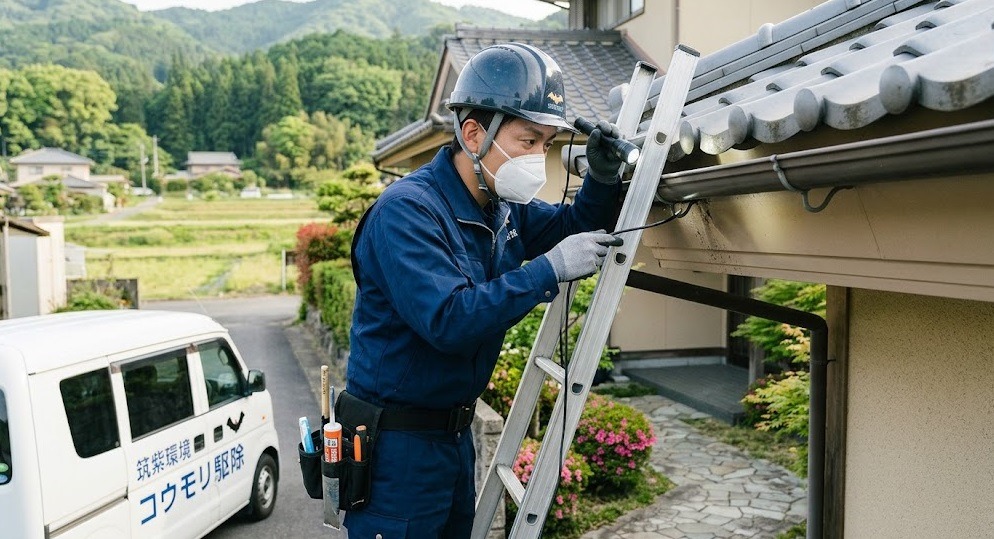筑紫郡の住宅にて、梯子を使って軒下や屋根の隙間を詳細に点検する、ヘルメットを着用したコウモリ駆除の専門技術者。