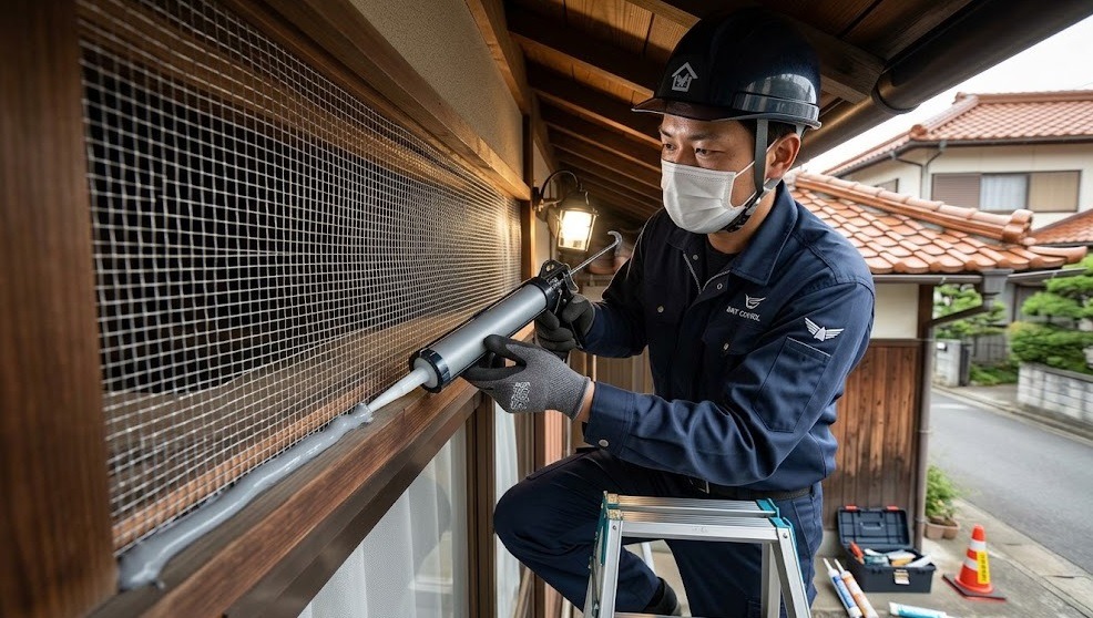 鳥獣保護法に配慮し、コウモリを傷つけずに追い出した後、専用の金網とシーリング材で軒下の侵入口を完全に封鎖するプロの技術者。